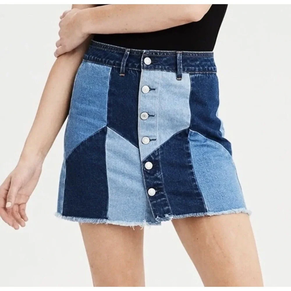 NWT AEO American Eagle Hi-Rise Festival Mini Denim Patchwork Jean Skirt Size 4 - Picture 1 of 12